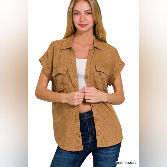NWT - Linen Blend Acid Washed Button Down Batwing Sleeve Deep Camel Shirt - Picture 1 of 6